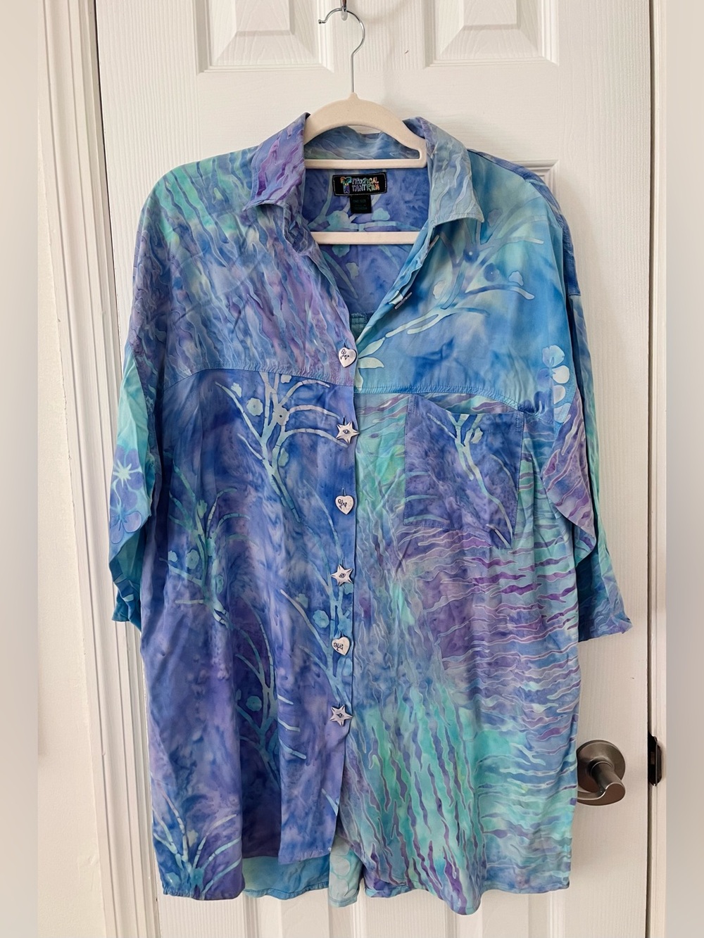 Tropical Tantrum Oversized Beach Shirt Coverups Blue and Purple One Size